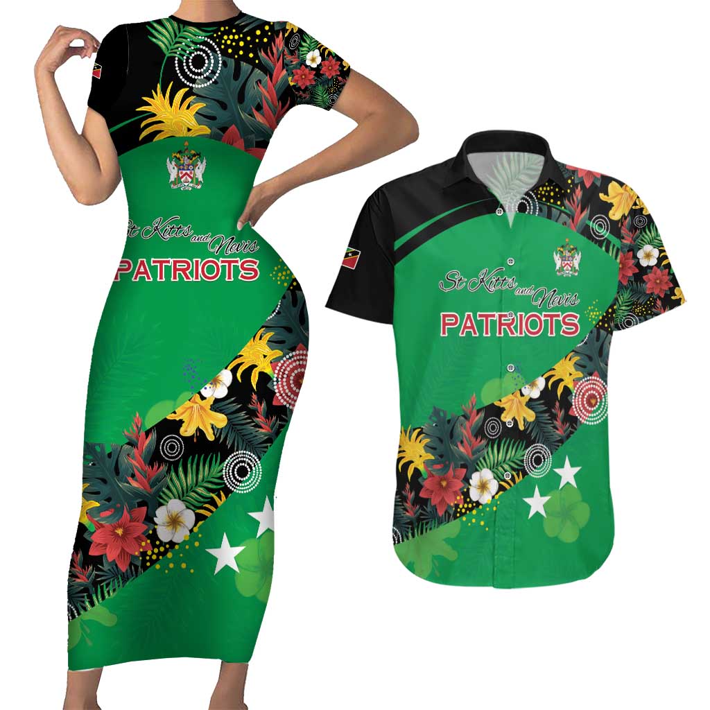 Custom St Kitts and Nevis Cricket Couples Matching Short Sleeve Bodycon Dress and Hawaiian Shirt Tropical Flowers Jersey