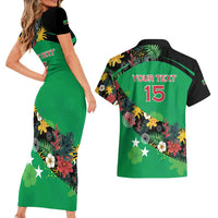 Custom St Kitts and Nevis Cricket Couples Matching Short Sleeve Bodycon Dress and Hawaiian Shirt Tropical Flowers Jersey