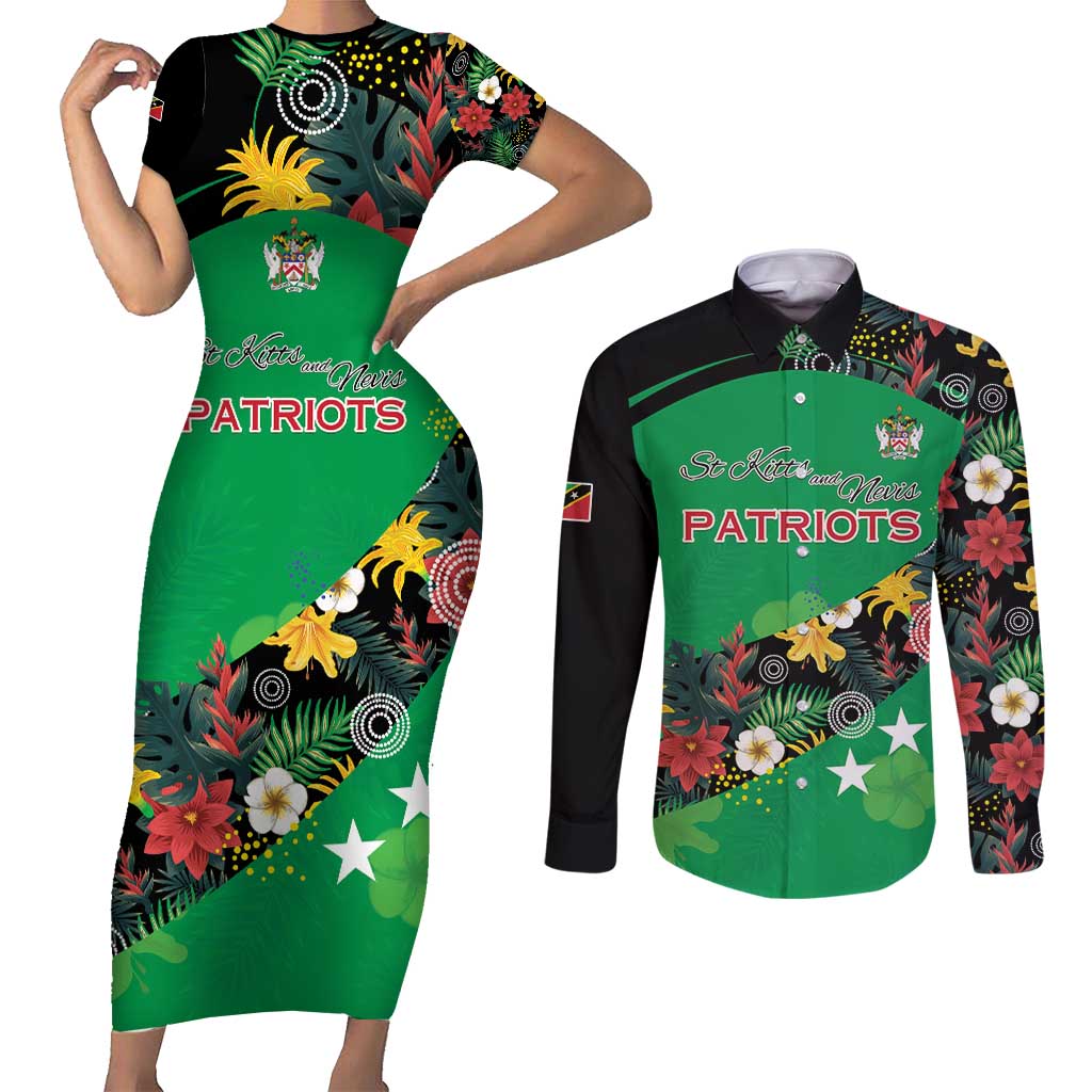 Custom St Kitts and Nevis Cricket Couples Matching Short Sleeve Bodycon Dress and Long Sleeve Button Shirt Tropical Flowers Jersey