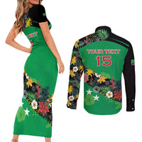 Custom St Kitts and Nevis Cricket Couples Matching Short Sleeve Bodycon Dress and Long Sleeve Button Shirt Tropical Flowers Jersey