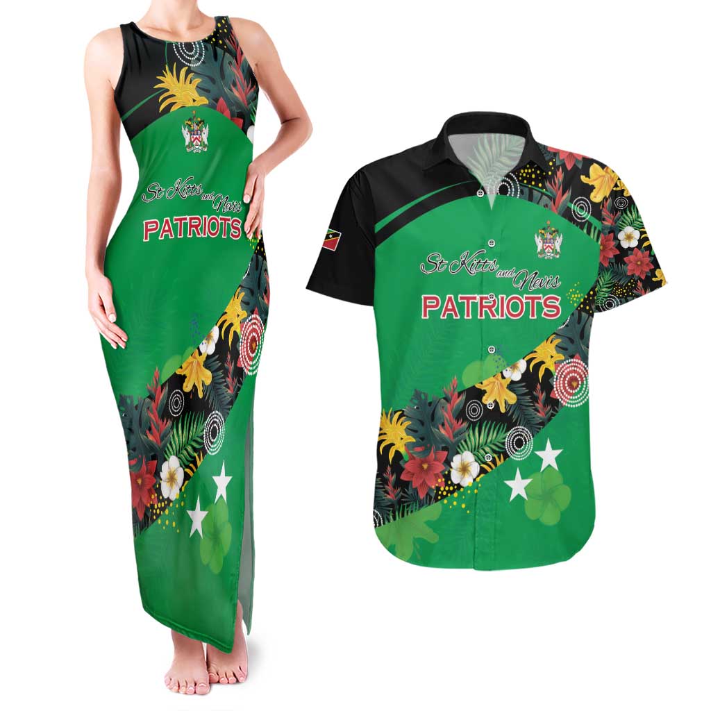 Custom St Kitts and Nevis Cricket Couples Matching Tank Maxi Dress and Hawaiian Shirt Tropical Flowers Jersey