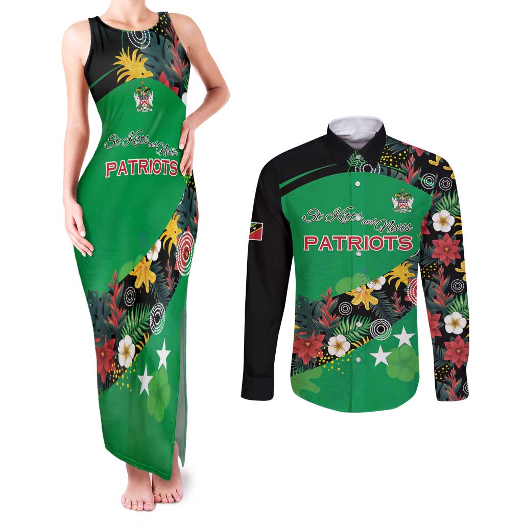 Custom St Kitts and Nevis Cricket Couples Matching Tank Maxi Dress and Long Sleeve Button Shirt Tropical Flowers Jersey