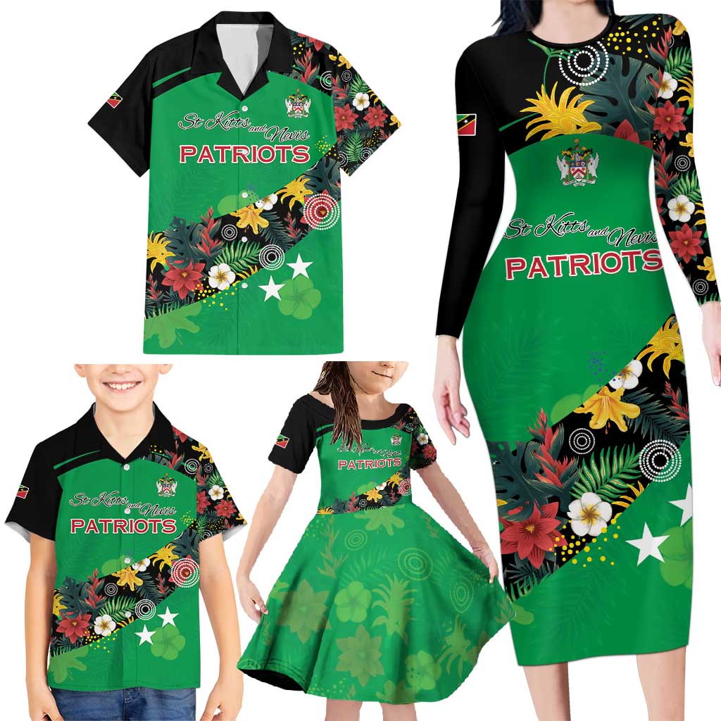 Custom St Kitts and Nevis Cricket Family Matching Long Sleeve Bodycon Dress and Hawaiian Shirt Tropical Flowers Jersey