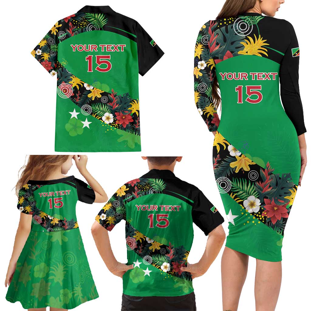 Custom St Kitts and Nevis Cricket Family Matching Long Sleeve Bodycon Dress and Hawaiian Shirt Tropical Flowers Jersey
