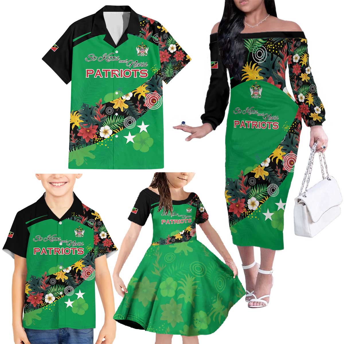 Custom St Kitts and Nevis Cricket Family Matching Off The Shoulder Long Sleeve Dress and Hawaiian Shirt Tropical Flowers Jersey