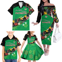 Custom St Kitts and Nevis Cricket Family Matching Off The Shoulder Long Sleeve Dress and Hawaiian Shirt Tropical Flowers Jersey