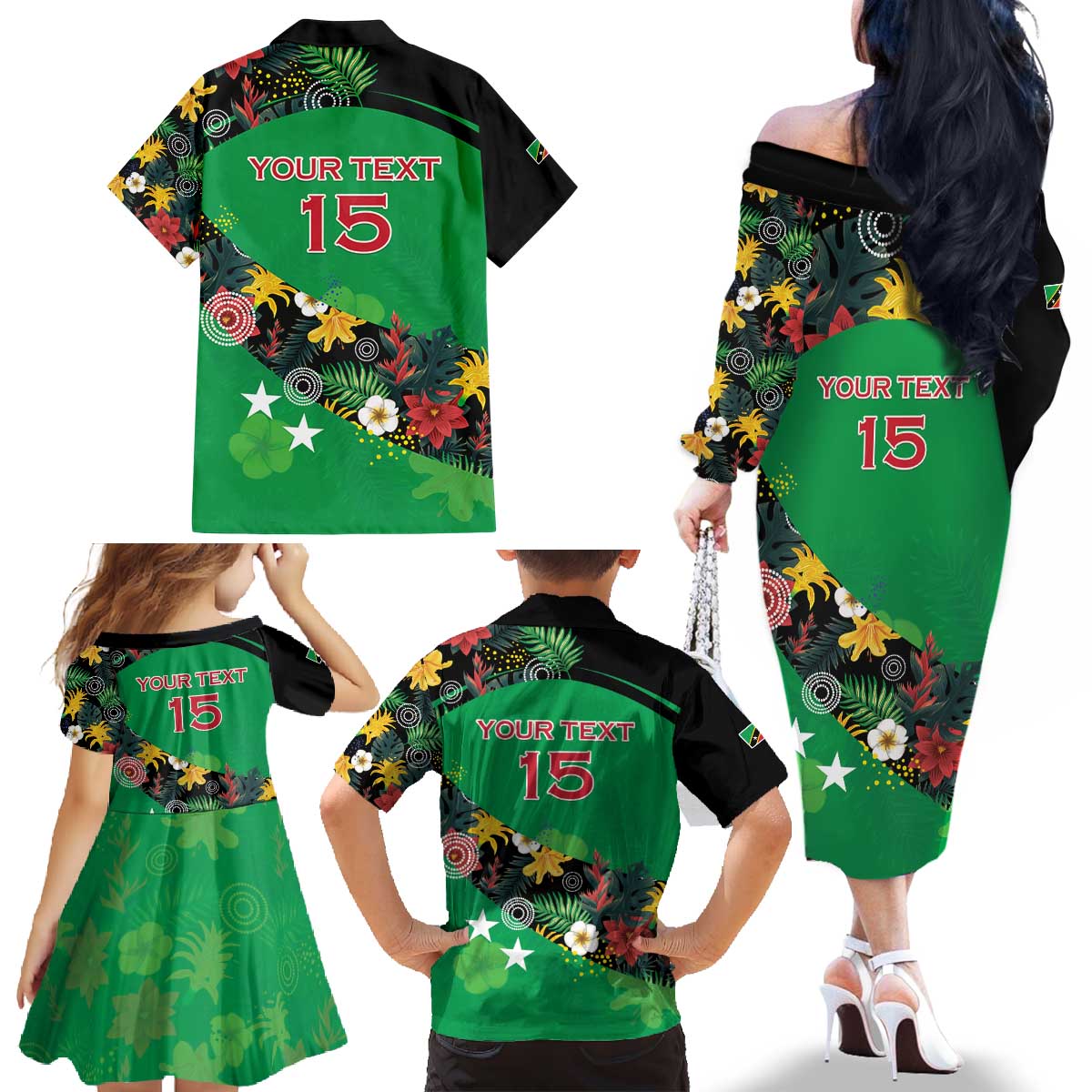 Custom St Kitts and Nevis Cricket Family Matching Off The Shoulder Long Sleeve Dress and Hawaiian Shirt Tropical Flowers Jersey