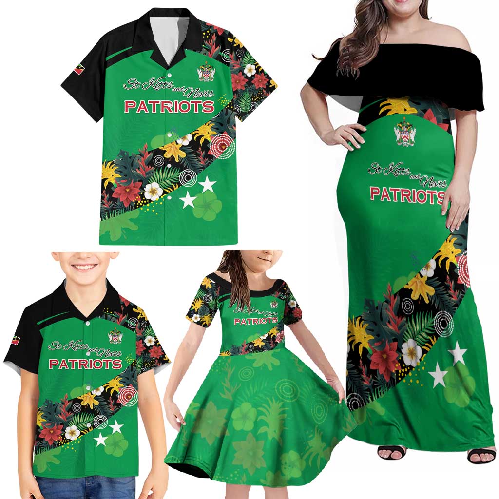 Custom St Kitts and Nevis Cricket Family Matching Off Shoulder Maxi Dress and Hawaiian Shirt Tropical Flowers Jersey