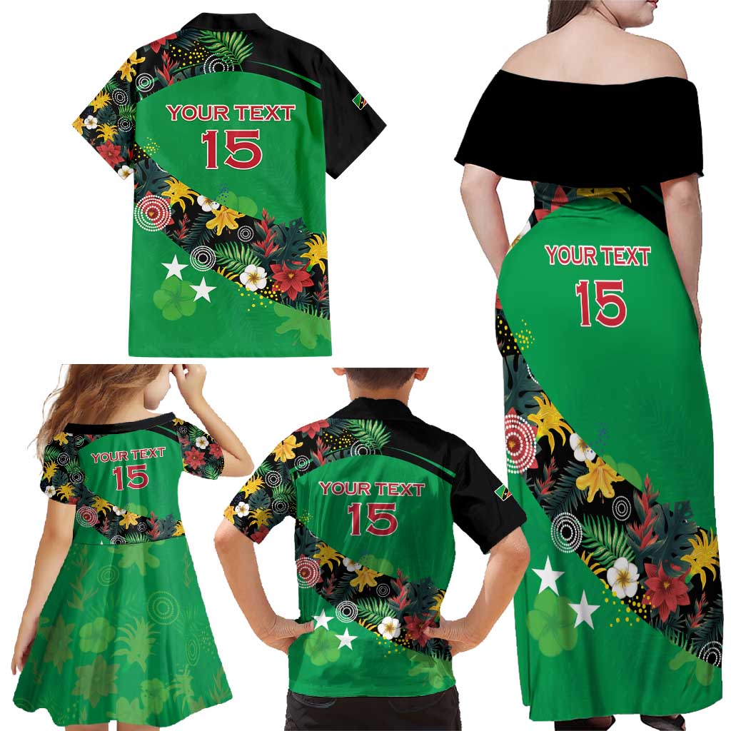 Custom St Kitts and Nevis Cricket Family Matching Off Shoulder Maxi Dress and Hawaiian Shirt Tropical Flowers Jersey