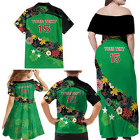 Custom St Kitts and Nevis Cricket Family Matching Off Shoulder Maxi Dress and Hawaiian Shirt Tropical Flowers Jersey