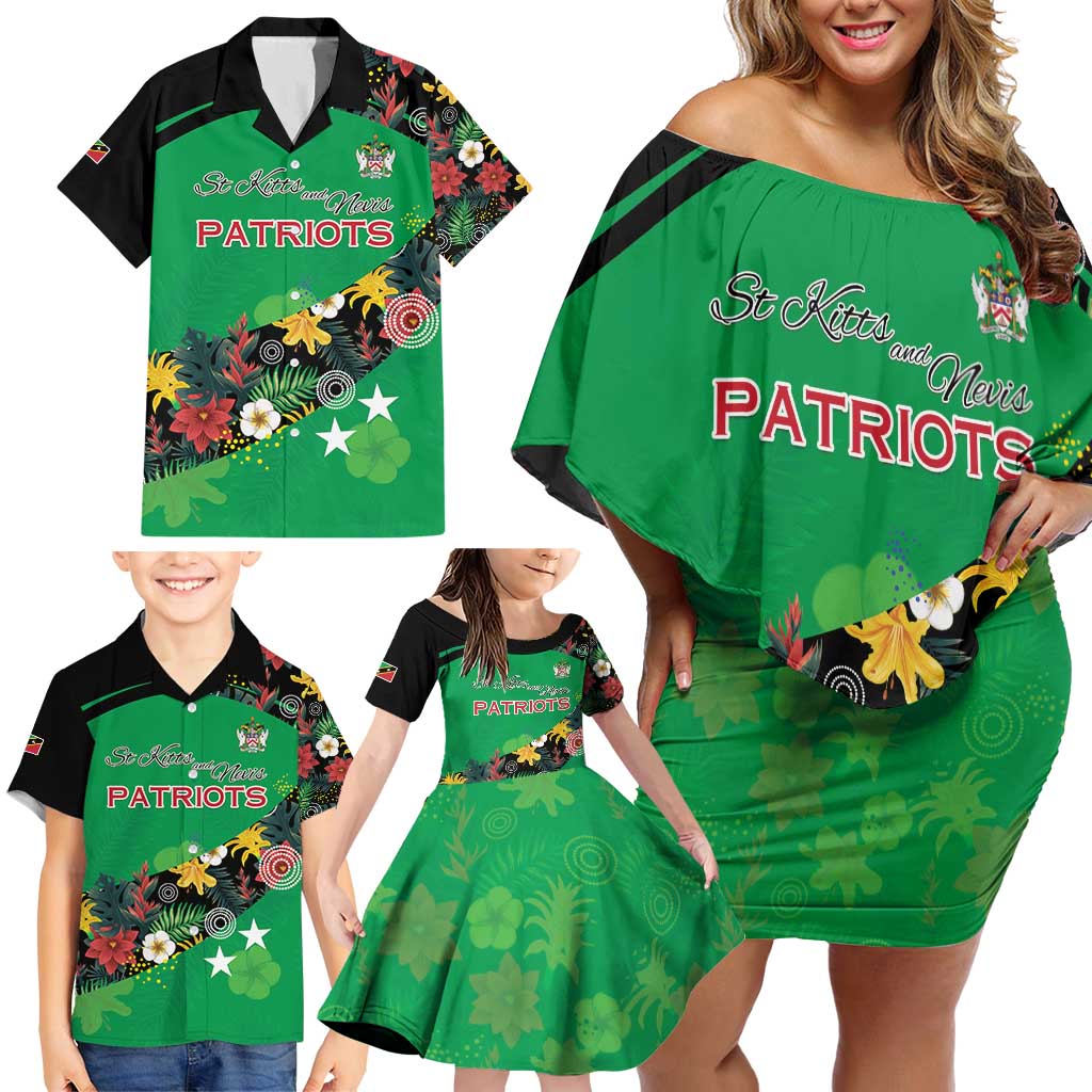 Custom St Kitts and Nevis Cricket Family Matching Off Shoulder Short Dress and Hawaiian Shirt Tropical Flowers Jersey