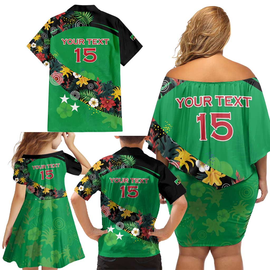 Custom St Kitts and Nevis Cricket Family Matching Off Shoulder Short Dress and Hawaiian Shirt Tropical Flowers Jersey