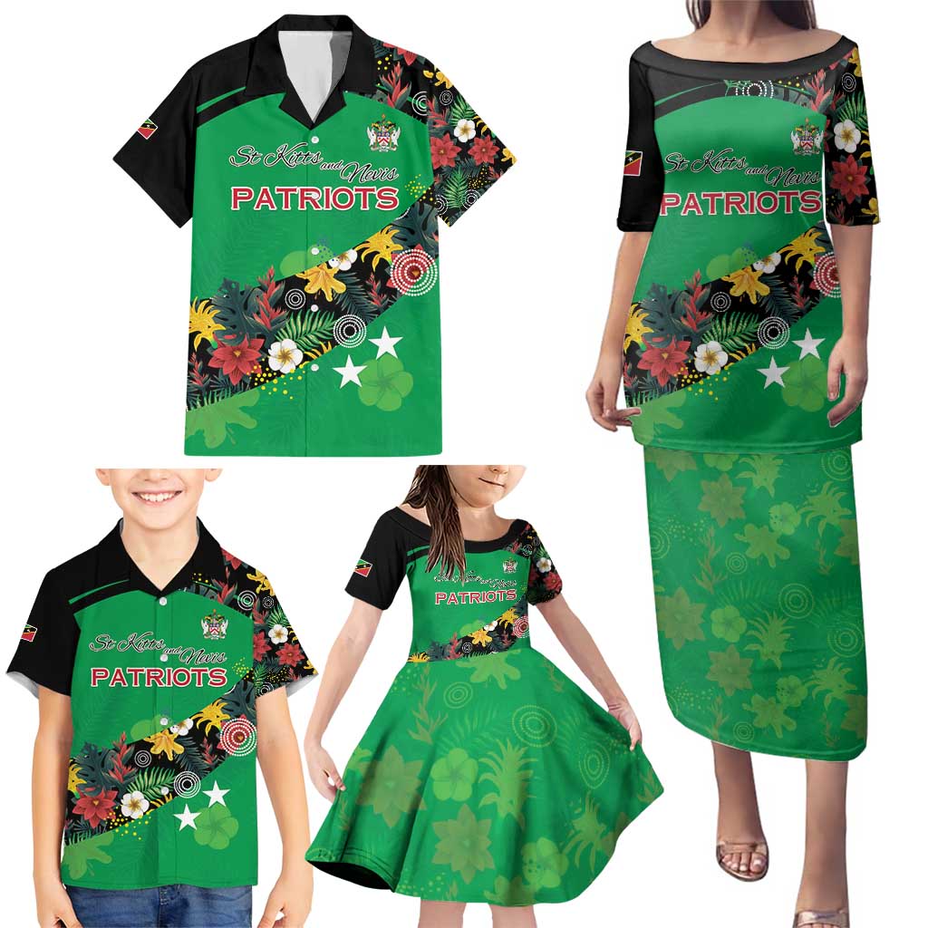 Custom St Kitts and Nevis Cricket Family Matching Puletasi and Hawaiian Shirt Tropical Flowers Jersey