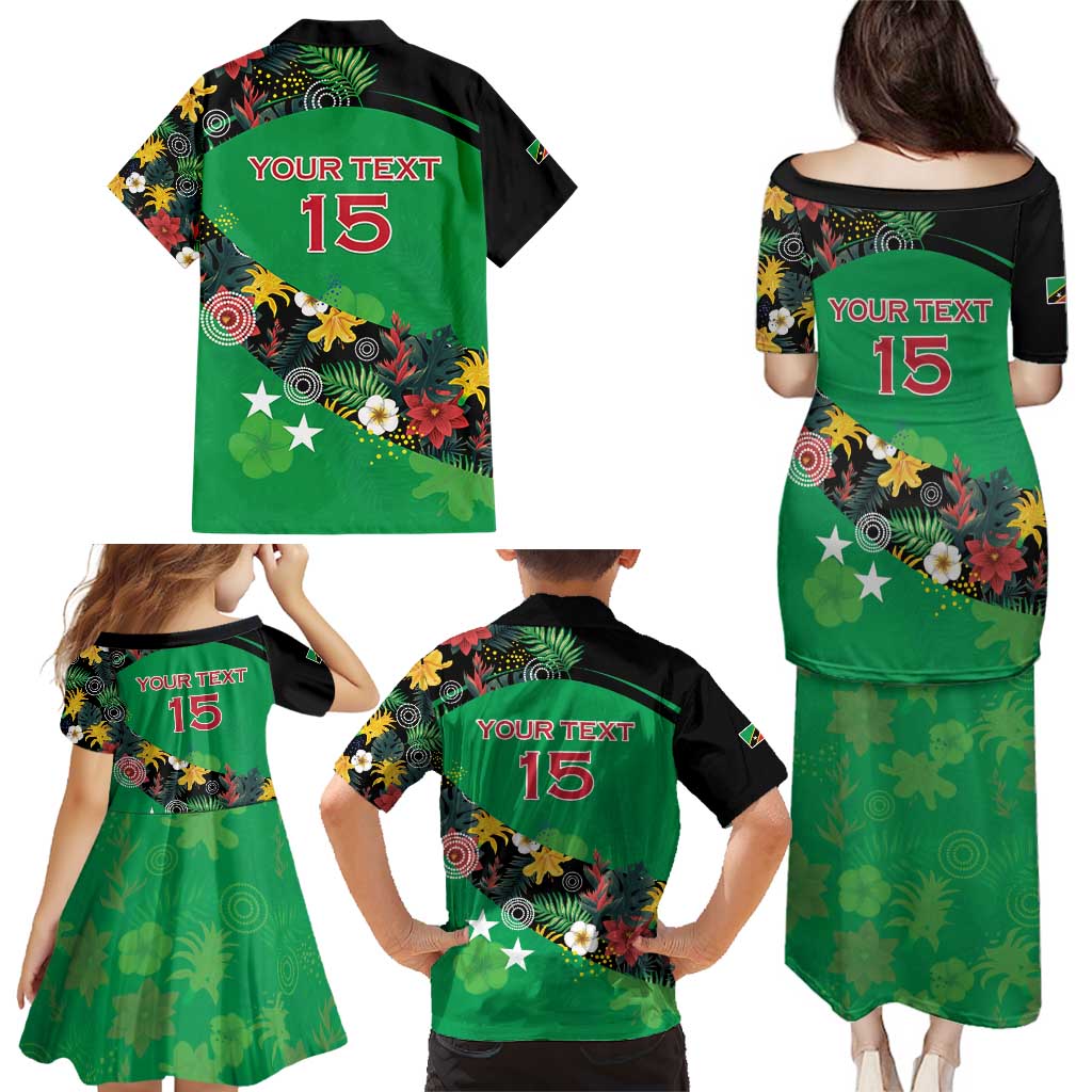 Custom St Kitts and Nevis Cricket Family Matching Puletasi and Hawaiian Shirt Tropical Flowers Jersey