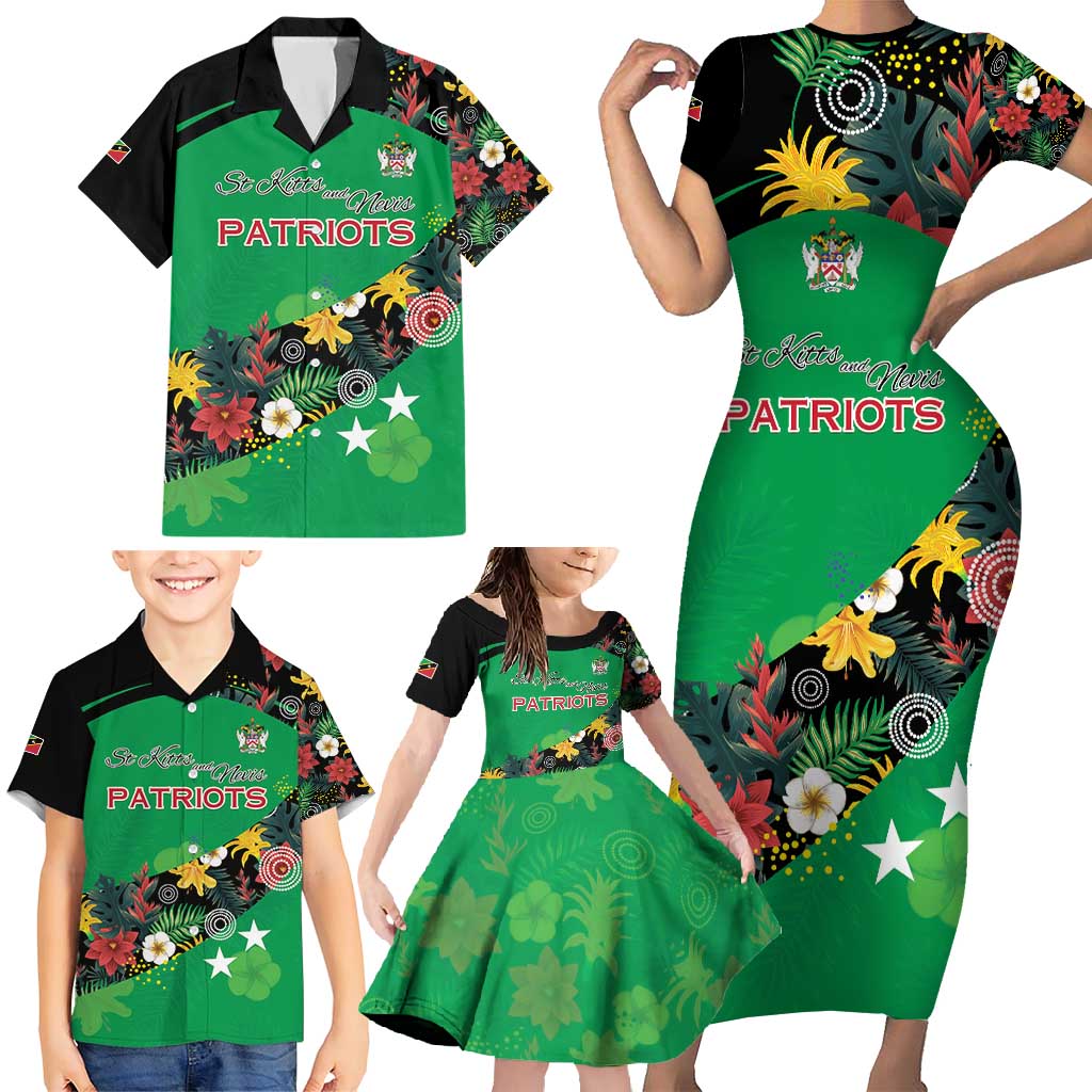 Custom St Kitts and Nevis Cricket Family Matching Short Sleeve Bodycon Dress and Hawaiian Shirt Tropical Flowers Jersey