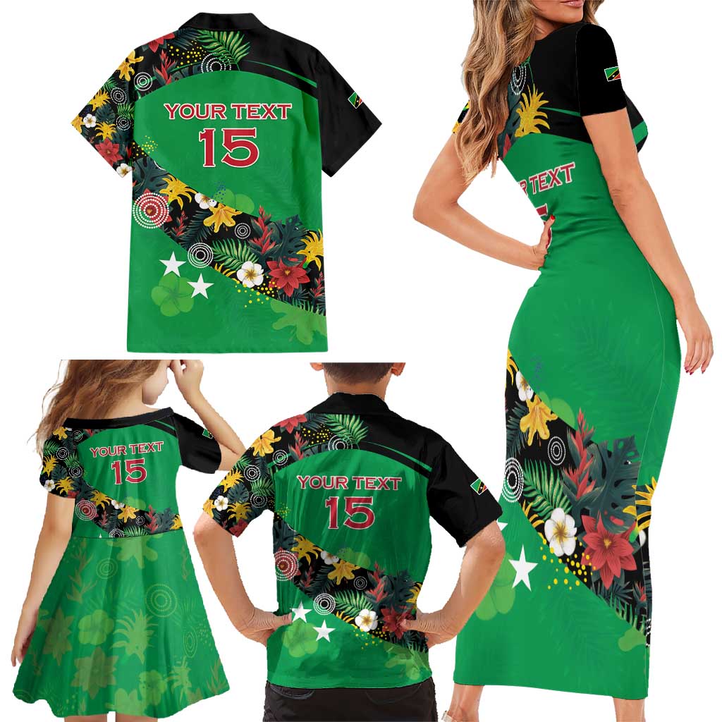 Custom St Kitts and Nevis Cricket Family Matching Short Sleeve Bodycon Dress and Hawaiian Shirt Tropical Flowers Jersey