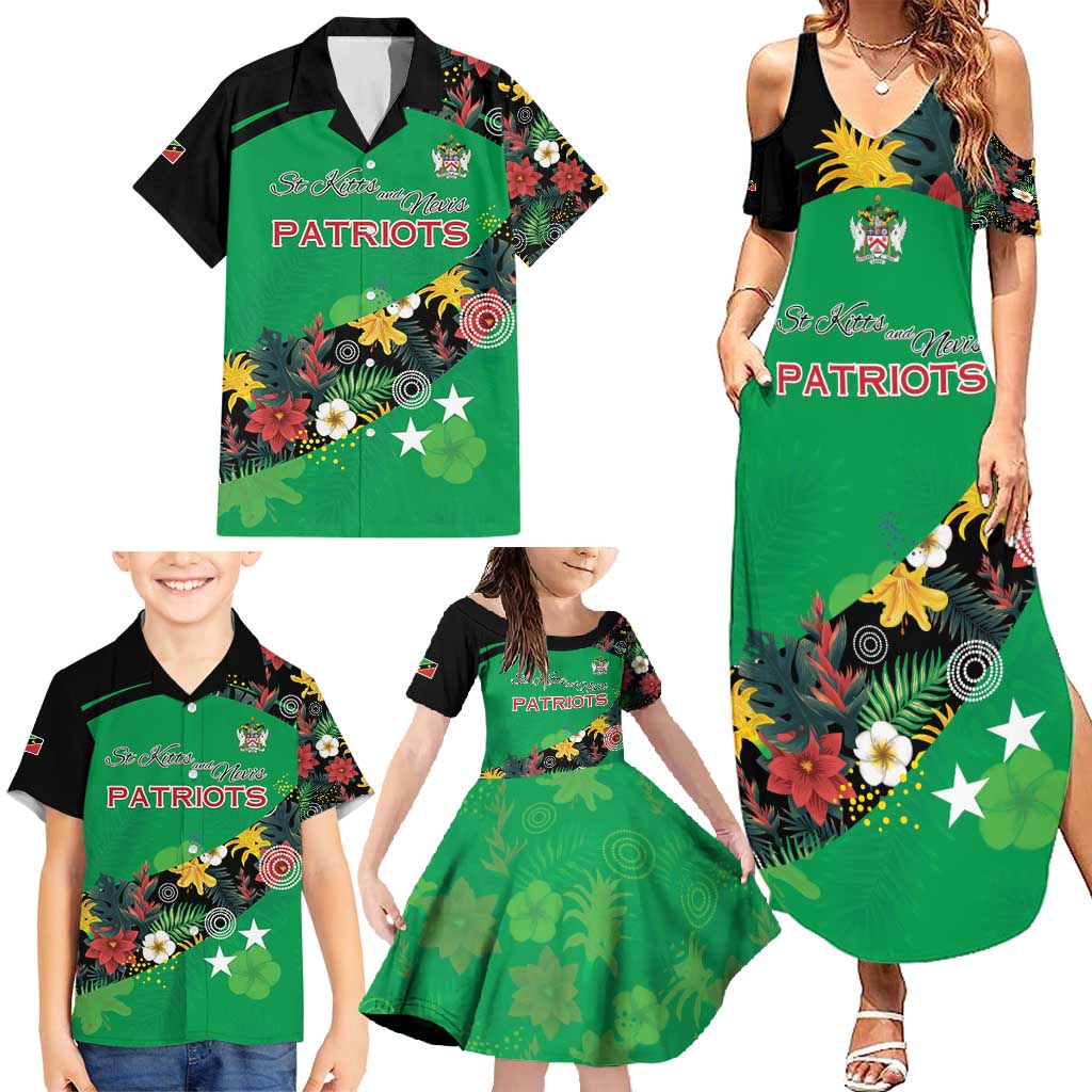 Custom St Kitts and Nevis Cricket Family Matching Summer Maxi Dress and Hawaiian Shirt Tropical Flowers Jersey