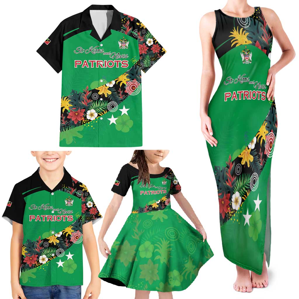 Custom St Kitts and Nevis Cricket Family Matching Tank Maxi Dress and Hawaiian Shirt Tropical Flowers Jersey