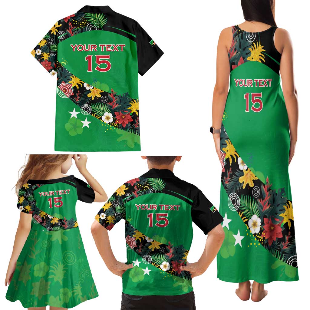 Custom St Kitts and Nevis Cricket Family Matching Tank Maxi Dress and Hawaiian Shirt Tropical Flowers Jersey