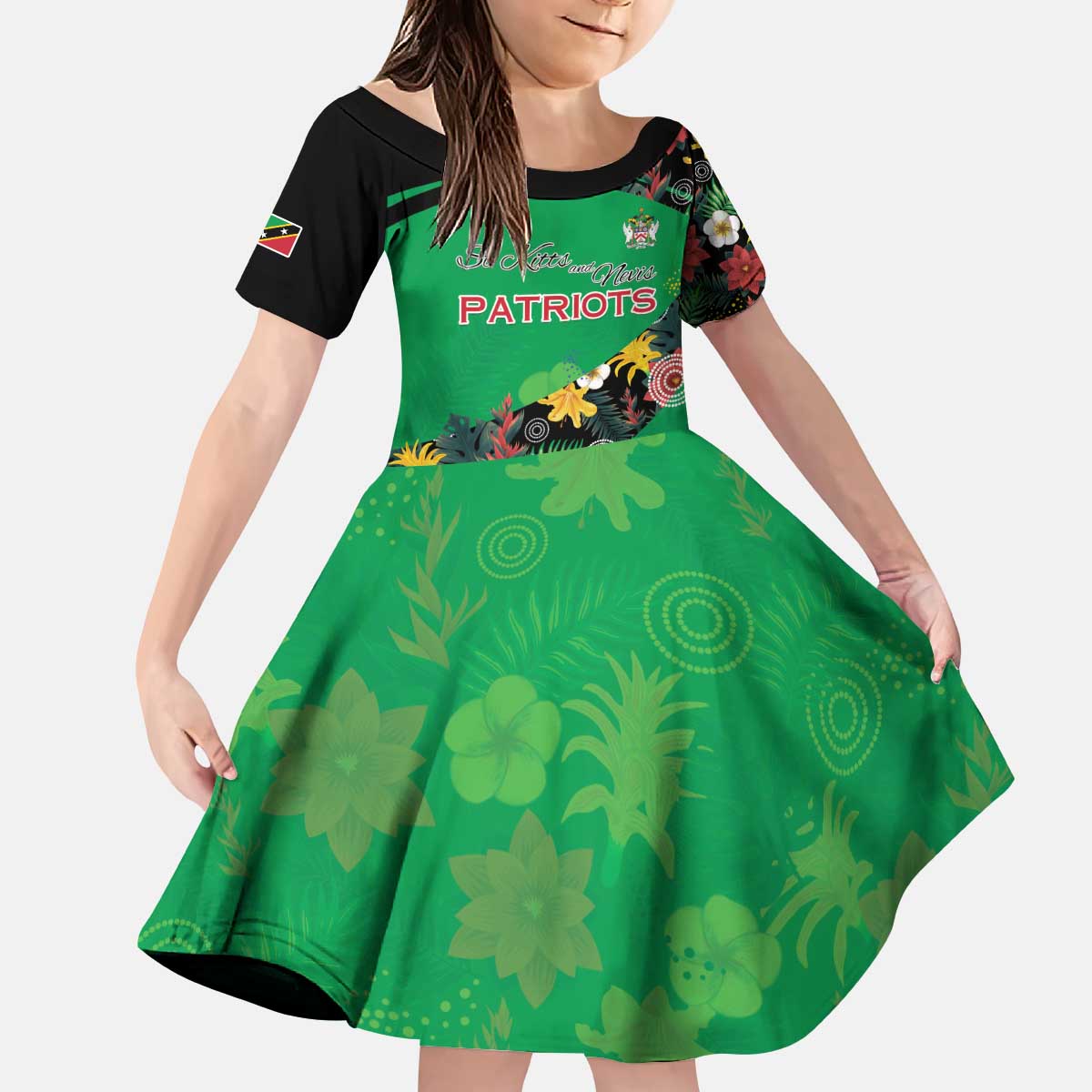 Custom St Kitts and Nevis Cricket Kid Short Sleeve Dress Tropical Flowers Jersey