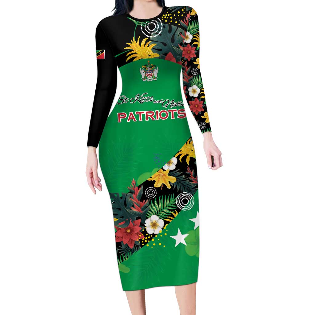Custom St Kitts and Nevis Cricket Long Sleeve Bodycon Dress Tropical Flowers Jersey