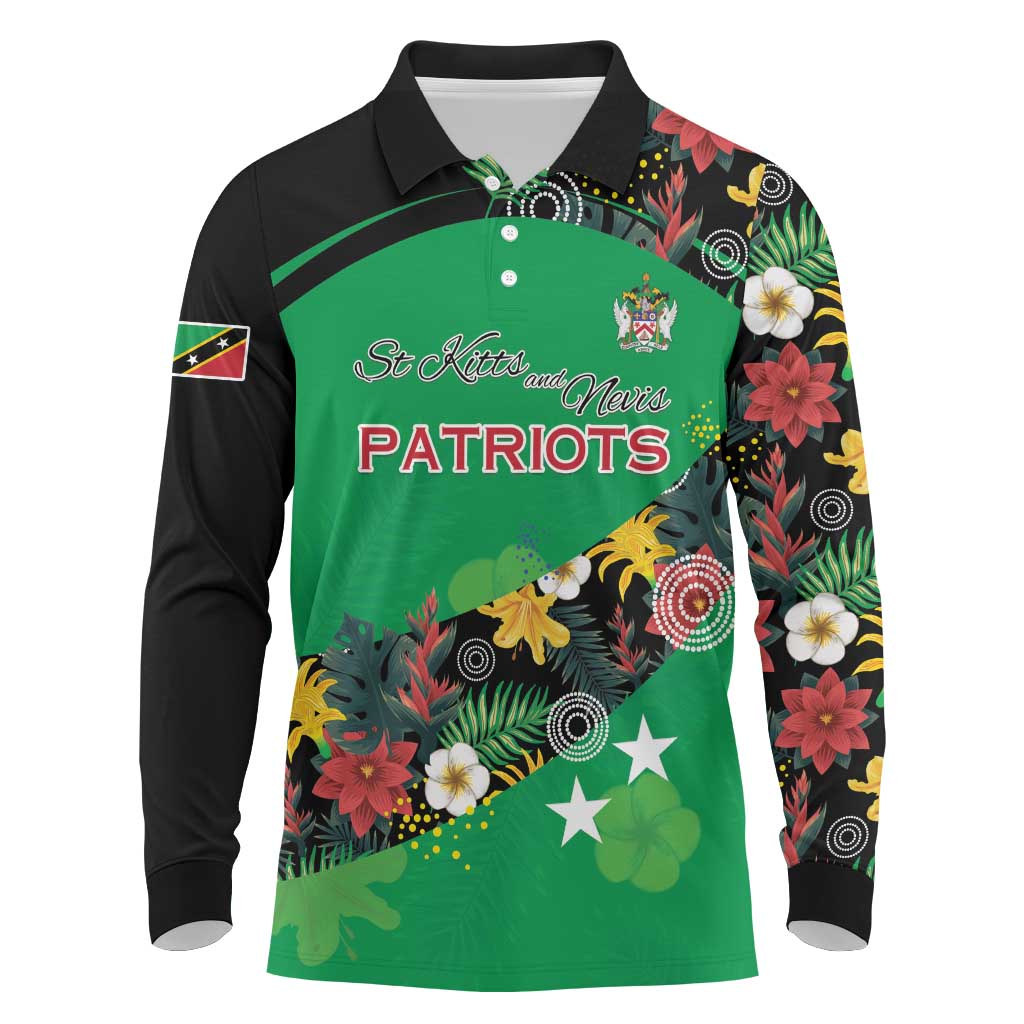Custom St Kitts and Nevis Cricket Long Sleeve Polo Shirt Tropical Flowers Jersey