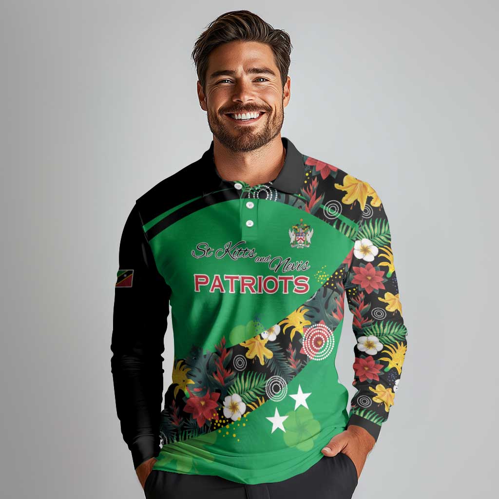 Custom St Kitts and Nevis Cricket Long Sleeve Polo Shirt Tropical Flowers Jersey