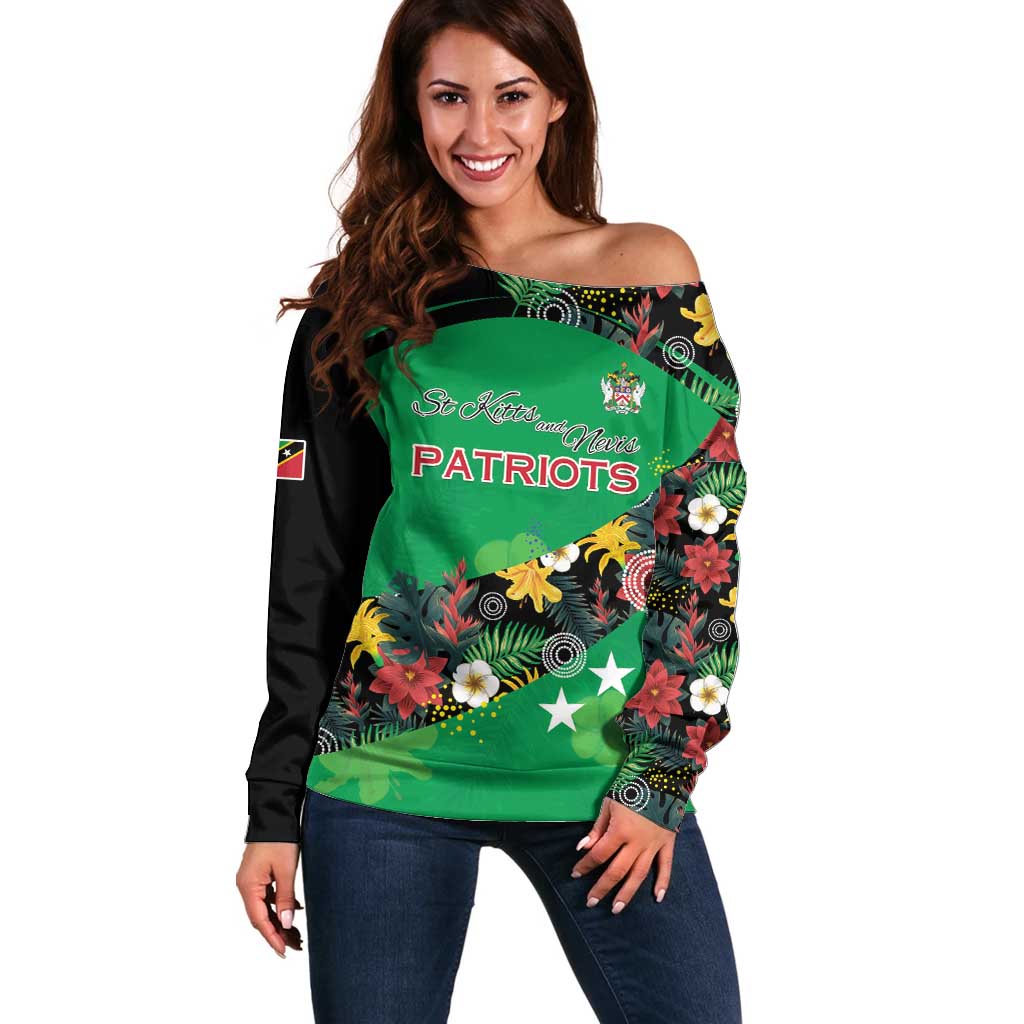 Custom St Kitts and Nevis Cricket Off Shoulder Sweater Tropical Flowers Jersey