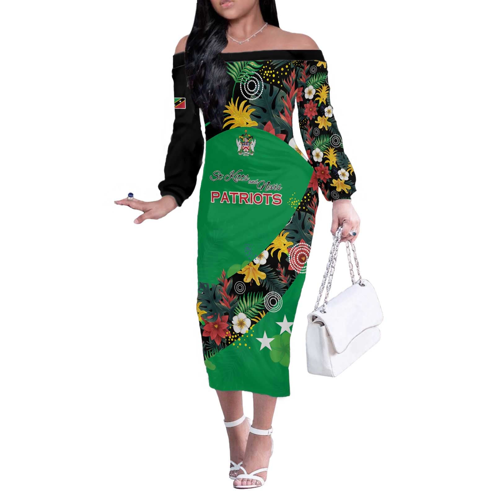 Custom St Kitts and Nevis Cricket Off The Shoulder Long Sleeve Dress Tropical Flowers Jersey