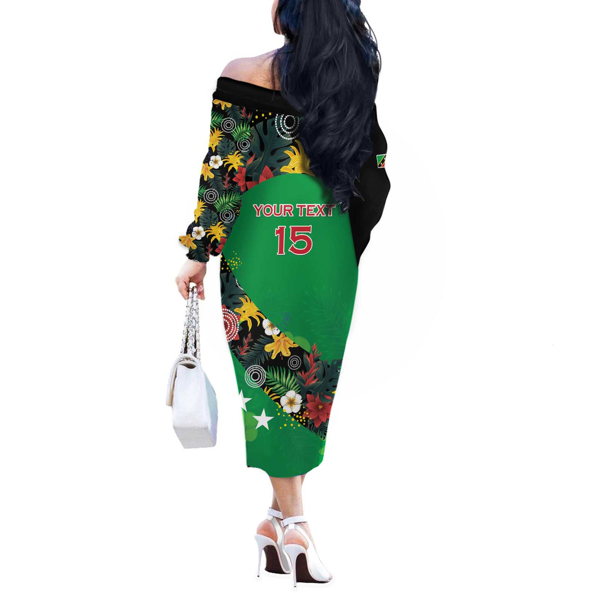 Custom St Kitts and Nevis Cricket Off The Shoulder Long Sleeve Dress Tropical Flowers Jersey