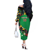 Custom St Kitts and Nevis Cricket Off The Shoulder Long Sleeve Dress Tropical Flowers Jersey
