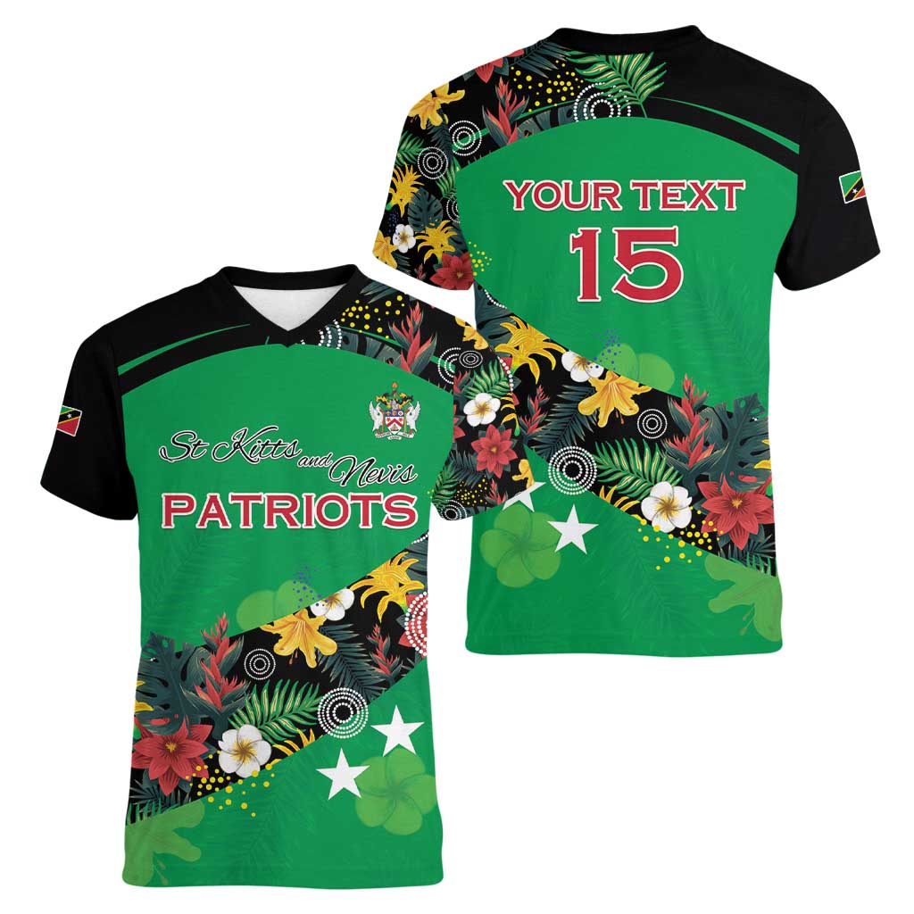 Custom St Kitts and Nevis Cricket Women V-Neck T-Shirt Tropical Flowers Jersey