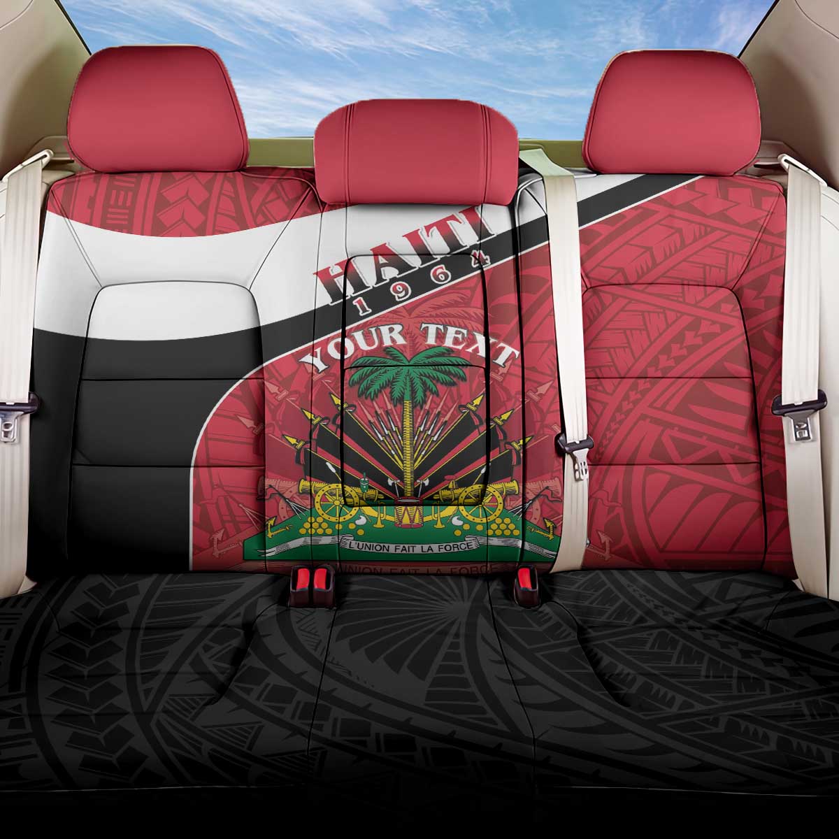 Personalized Haiti Back Car Seat Cover Flag 1964 Coat Of Arms - Polynesian Style - Wonder Print Shop