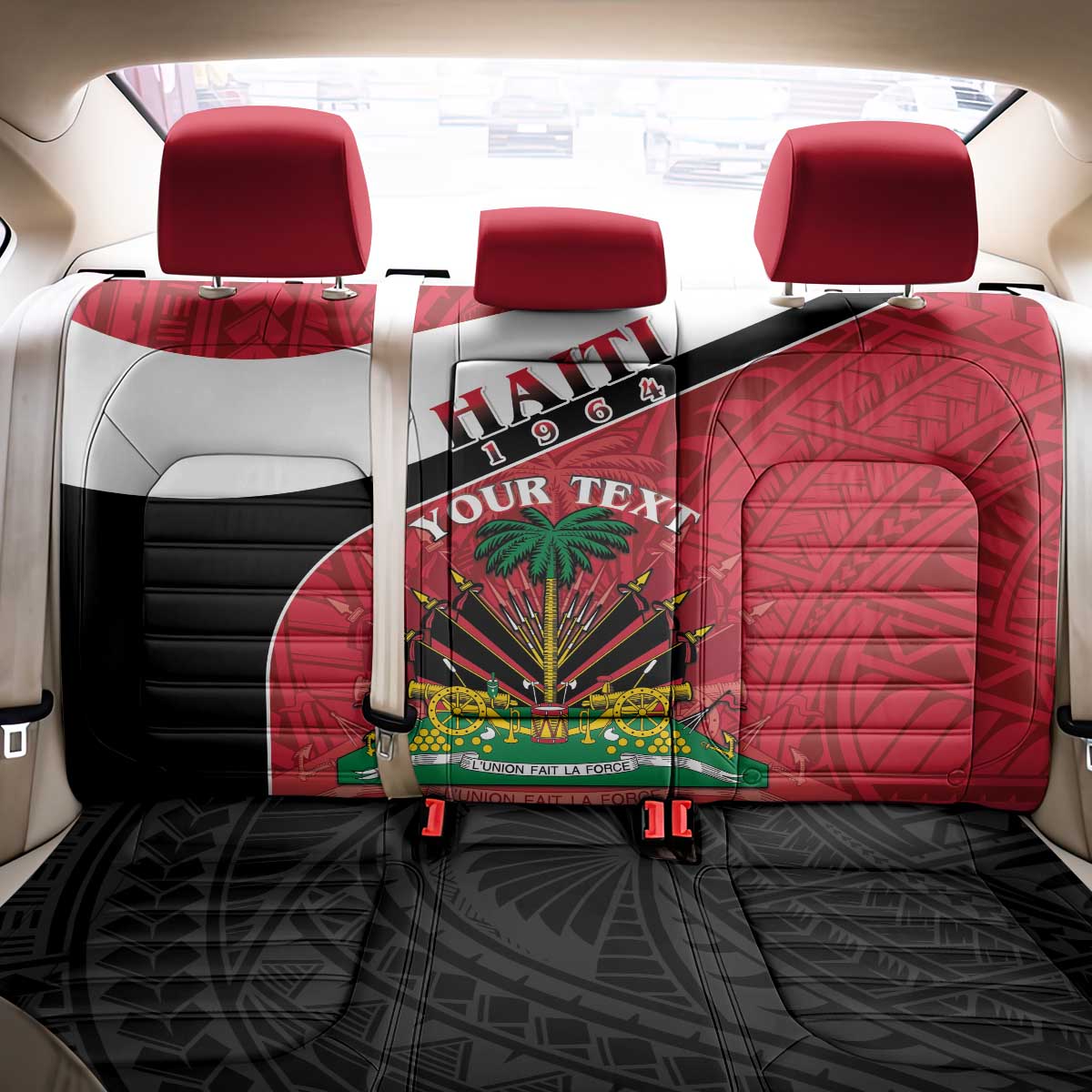 Personalized Haiti Back Car Seat Cover Flag 1964 Coat Of Arms - Polynesian Style - Wonder Print Shop