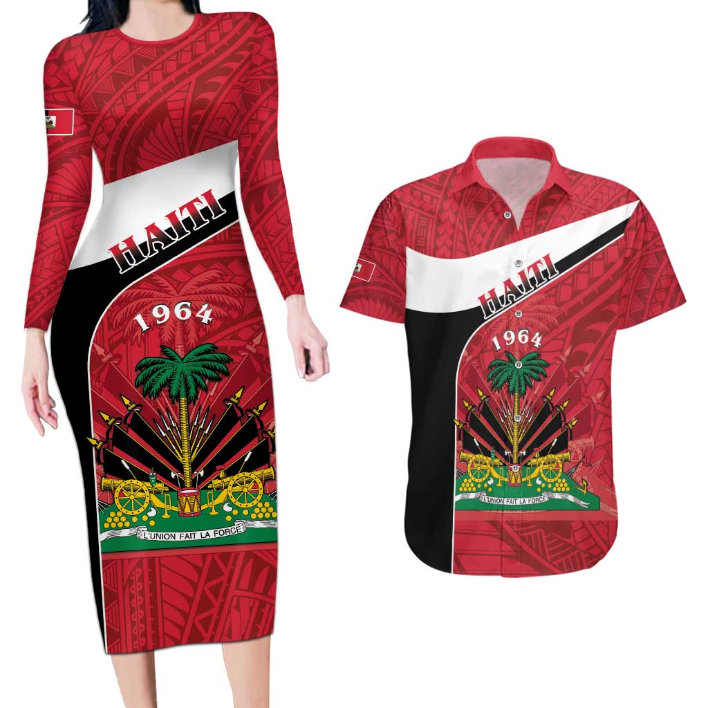 Personalized Haiti Couples Matching Long Sleeve Bodycon Dress and Hawaiian Shirt Flag 1964 Coat Of Arms - Polynesian Style - Wonder Print Shop