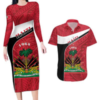 Personalized Haiti Couples Matching Long Sleeve Bodycon Dress and Hawaiian Shirt Flag 1964 Coat Of Arms - Polynesian Style - Wonder Print Shop
