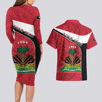 Personalized Haiti Couples Matching Long Sleeve Bodycon Dress and Hawaiian Shirt Flag 1964 Coat Of Arms - Polynesian Style - Wonder Print Shop