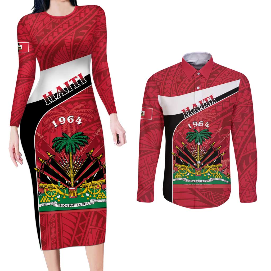 Personalized Haiti Couples Matching Long Sleeve Bodycon Dress and Long Sleeve Button Shirt Flag 1964 Coat Of Arms - Polynesian Style - Wonder Print Shop