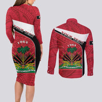 Personalized Haiti Couples Matching Long Sleeve Bodycon Dress and Long Sleeve Button Shirt Flag 1964 Coat Of Arms - Polynesian Style - Wonder Print Shop