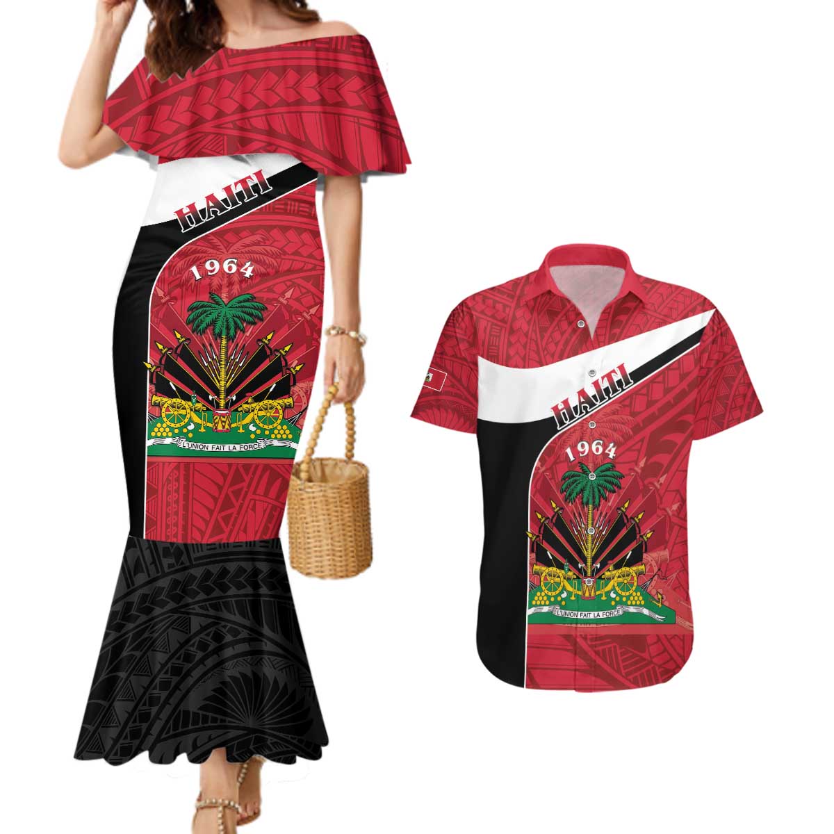 Personalized Haiti Couples Matching Mermaid Dress and Hawaiian Shirt Flag 1964 Coat Of Arms - Polynesian Style - Wonder Print Shop