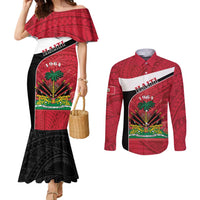 Personalized Haiti Couples Matching Mermaid Dress and Long Sleeve Button Shirt Flag 1964 Coat Of Arms - Polynesian Style