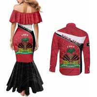 Personalized Haiti Couples Matching Mermaid Dress and Long Sleeve Button Shirt Flag 1964 Coat Of Arms - Polynesian Style