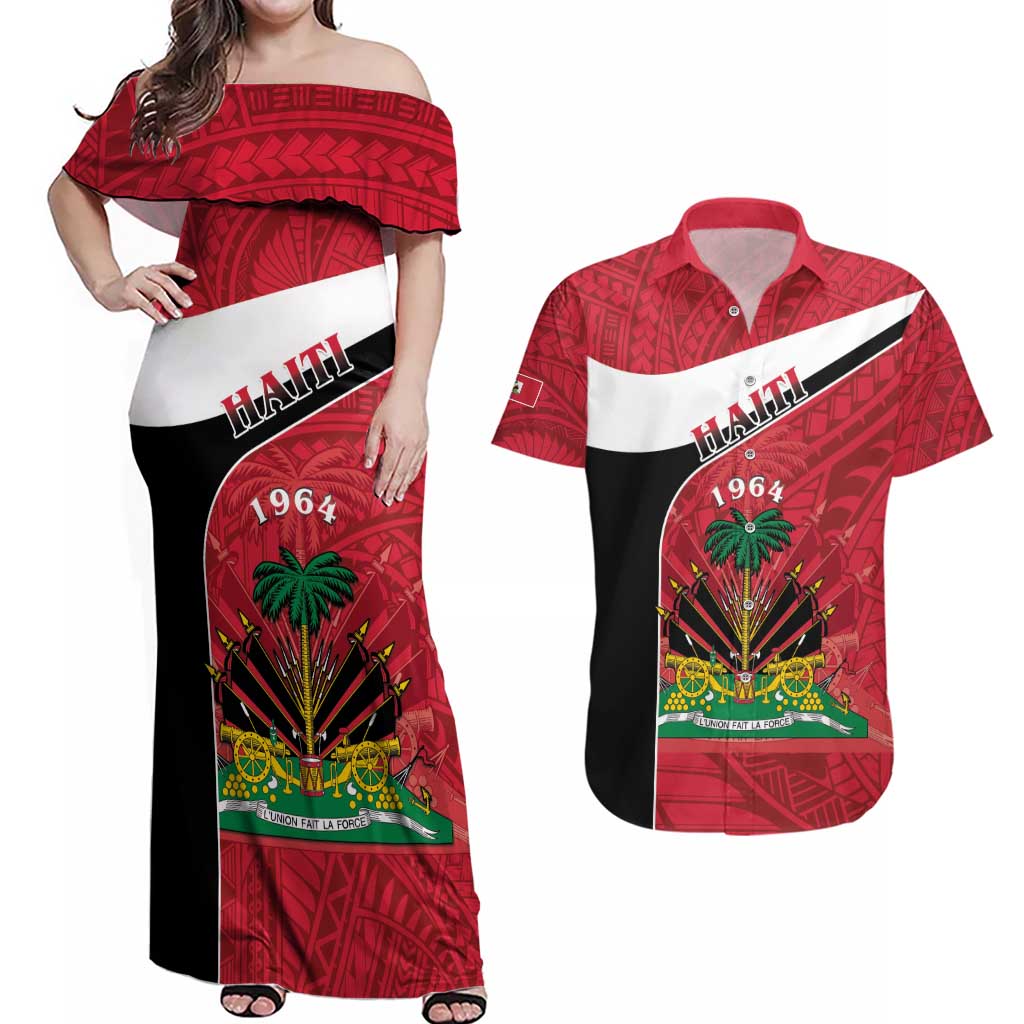 Personalized Haiti Couples Matching Off Shoulder Maxi Dress and Hawaiian Shirt Flag 1964 Coat Of Arms - Polynesian Style - Wonder Print Shop
