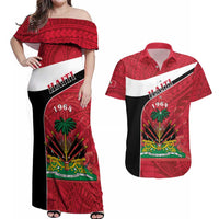 Personalized Haiti Couples Matching Off Shoulder Maxi Dress and Hawaiian Shirt Flag 1964 Coat Of Arms - Polynesian Style - Wonder Print Shop