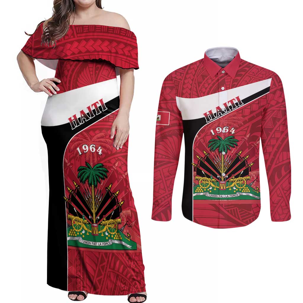 Personalized Haiti Couples Matching Off Shoulder Maxi Dress and Long Sleeve Button Shirt Flag 1964 Coat Of Arms - Polynesian Style - Wonder Print Shop