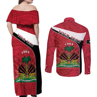 Personalized Haiti Couples Matching Off Shoulder Maxi Dress and Long Sleeve Button Shirt Flag 1964 Coat Of Arms - Polynesian Style - Wonder Print Shop