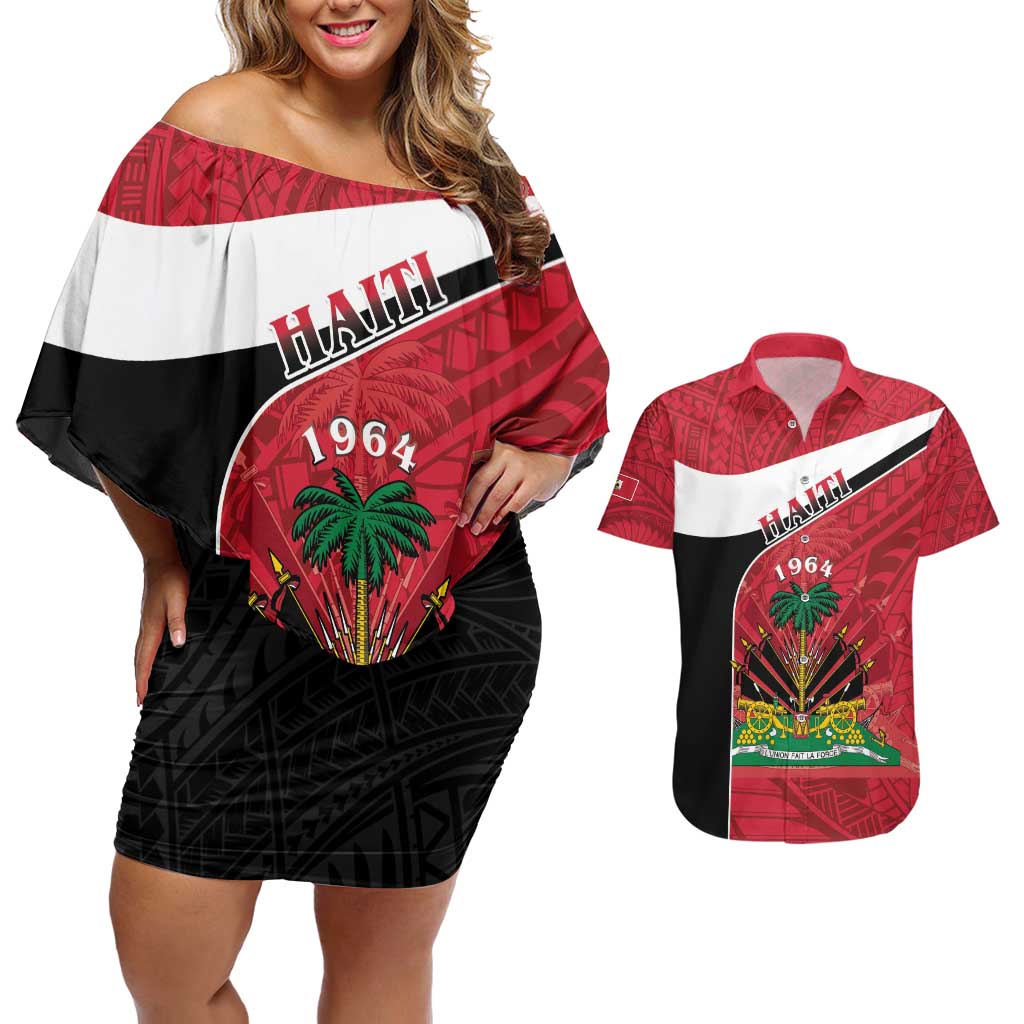 Personalized Haiti Couples Matching Off Shoulder Short Dress and Hawaiian Shirt Flag 1964 Coat Of Arms - Polynesian Style - Wonder Print Shop