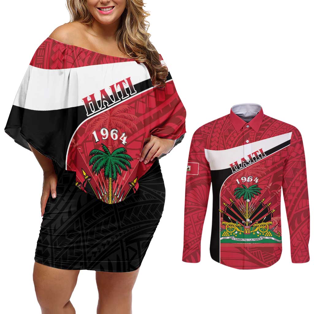 Personalized Haiti Couples Matching Off Shoulder Short Dress and Long Sleeve Button Shirt Flag 1964 Coat Of Arms - Polynesian Style - Wonder Print Shop