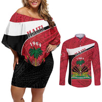 Personalized Haiti Couples Matching Off Shoulder Short Dress and Long Sleeve Button Shirt Flag 1964 Coat Of Arms - Polynesian Style - Wonder Print Shop