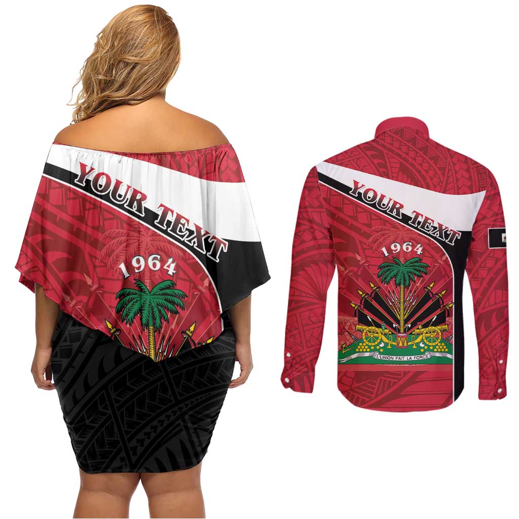 Personalized Haiti Couples Matching Off Shoulder Short Dress and Long Sleeve Button Shirt Flag 1964 Coat Of Arms - Polynesian Style - Wonder Print Shop